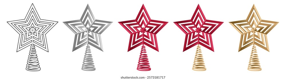 Christmas tree topper in the shape of a star. Flat vector illustration isolated on white background. Winter holiday decoration. Coloring page. Golden, red and silver star.