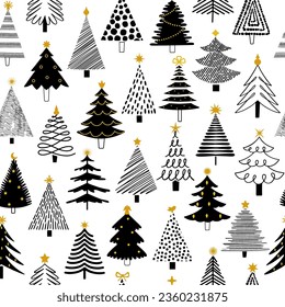 Christmas tree with toppers seamless pattern. Christmas forest woods background. Hand drawn fir texture