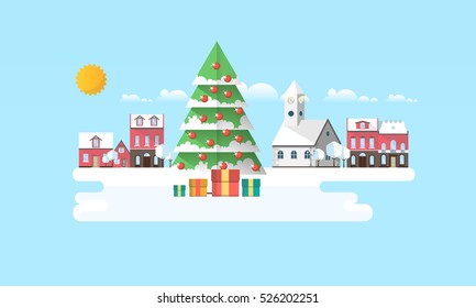 Christmas Tree in Town Vector Abstract Flat Illustration.