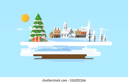Christmas Tree in Town Vector Abstract Flat Illustration.