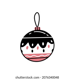 Balón de juguete de árbol de Navidad con diferentes líneas y puntos en un sencillo estilo de doodle.