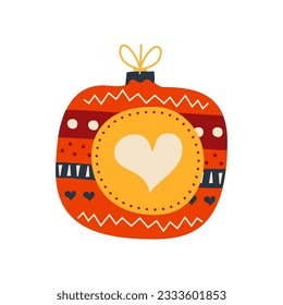 Christmas tree toy ball. Happy new year decoration in retro colors flat style with heart. Christmas sticker - holiday symbol icon. Vector illustration.