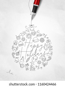 Christmas tree toy ball lettering happy holidays drawing with pen line on crumpled paper background