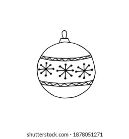 Christmas tree toy. Ball on the Christmas tree. Black and white outline. Vector hand drawn doodle illustration. Coloring