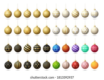 Christmas tree toy or balls mega collection set isolated on a white background. Stocking Christmas decorations. Vector object for xmas design, mockup. Vector realistic object Illustration