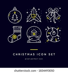 Christmas tree toy, bells, sock, garland. Vector line icon set