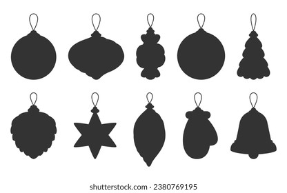 Christmas tree toy black glyph silhouette set. New year holiday decoration stamp stencil mark trace candy star ball pine cone icicle mitten bell spiral gift celebration design party element isolated 