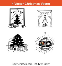 Christmas tree toy black glyph silhouette set,Christmas Decoration Icon on Checkerboard Transparent Background