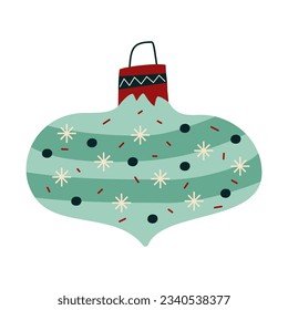 Christmas tree toy. Blue palette. Happy new year decoration in retro colors flat style with . Christmas sticker - holiday symbol icon. Vector illustration