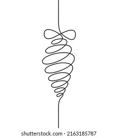 Weihnachtsbaumspielzeug mit Schleife. Durchgehende Linienzeichnung der Neujahrsdekoration, Vektorgrafik für Weihnachtsdesign, handgezeichnete Skizze in einer einzigen schwarzen Kontur einzeln auf weißem Hintergrund
