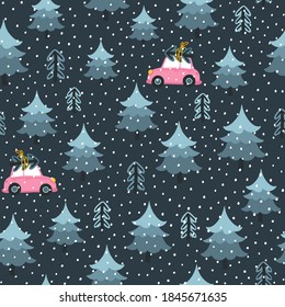 Christmas tree and toy car at night. Seamless pattern. Vector illustration in a childish hand-drawn Scandinavian style. Fir-tree forest. The pastel palette is ideal for printing packaging, fabrics.
