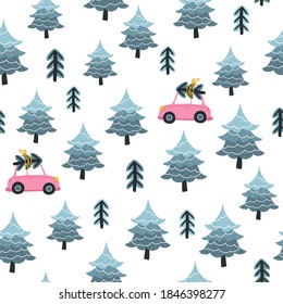 Christmas tree and toy car at night. Seamless pattern. Vector illustration in a childish hand-drawn Scandinavian style. Fir-tree forest. The pastel palette is ideal for printing packaging, fabrics