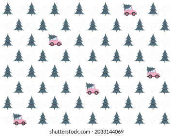 Christmas tree and toy car. Vector pattern. Fir-tree forest. 