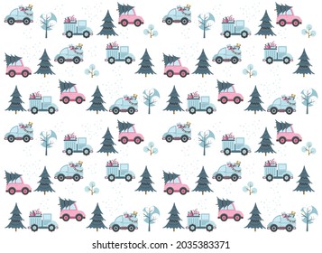 Christmas tree and toy car. Vector pattern. Fir-tree forest. 