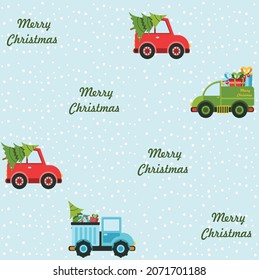 Christmas tree and toy car. Vector illustration in a childish hand-drawn Scandinavian style. 