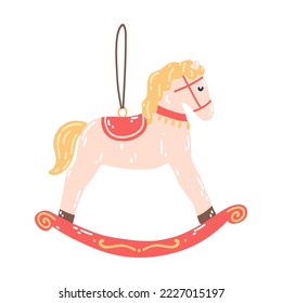 Christmas tree toy in cartoon flat style. Hand drawn vector illustration of New Year ornament, vintage rocking horse, festive decoration