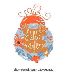 Christmas tree toy composition. Lettering illustration with Christmas cookies, Holly leaves, spruce twigs and poinsettia. Vector design template.