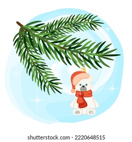 Christmas tree toy cute bear in red hat, hanging on fir branch on blue watercolor background. New Year and Christmas decorations. Vector illustration.