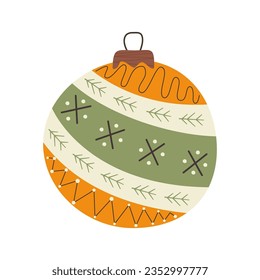 Christmas tree toy with cute decor. Happy new year decoration in retro colors flat style with . Christmas sticker - holiday symbol icon. Vector illustration.