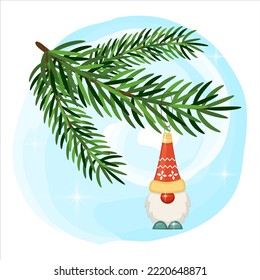 Christmas tree toy cute gnome hanging on spruce branch on blue watercolor background. New Year and Christmas decorations. Vector illustration.