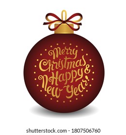 Christmas tree toy of dark red color with the inscription Merry Christmas and Happy New Year