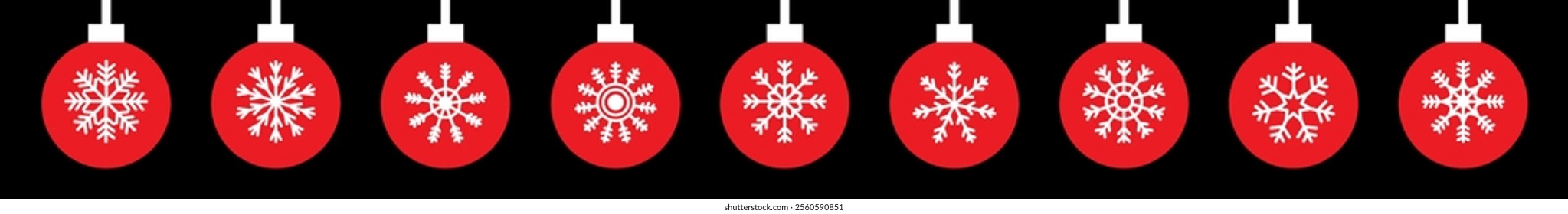 Christmas tree toy decoration. Christmas ball set. Red color, snow flake pattern. Round shape. Cute colorful bauble toy collection. New Year sign symbol. Flat design. Black background. Vector