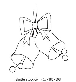 Christmas tree toy.  Christmas decoration.  Double bell with a bow.  Drawn in black outline on a white background.  Vector illustration.