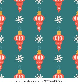 Christmas tree toy, decoration with snowflake, vector seamless pattern on green background.