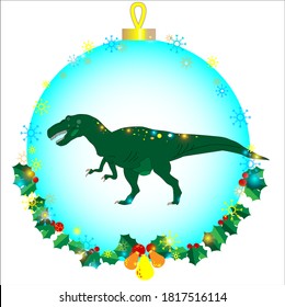 Christmas tree toy. Christmas dinosaur, snowflake, holly leaf with red berries, dinosaur inside a Christmas tree toy.
