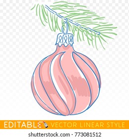 Christmas tree toy. Editable stroke. Sketch drawing on transparent background. Merry Christmas and New year card.