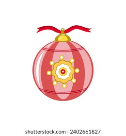 Christmas tree toy in folk style. Isolated glass ball on red ribbon. Colorful decorative design element. Christmas trinkets and decorations. Cartoon vector illustration, icon.