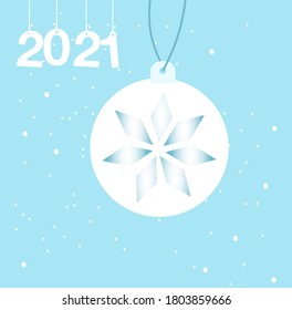 Christmas tree toy with geometric snowflake. Happy New Year 2021 greeting card or promo flyer. Winter family holidays celebration. Vector illustration in flat style.Xmas eve in warm atmosphere.