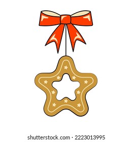 Christmas Tree Toy Gingerbread in the Shape of a Star with a Red Bow Decorative Element in Retro Style