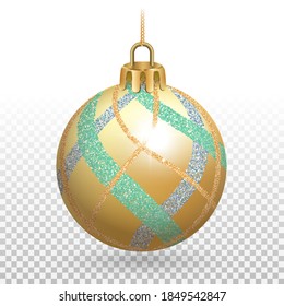 Christmas tree toy, golden ball with bright glitter. 3D realistic illustration on a transparent background. Vector.