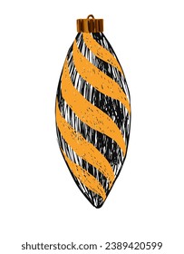 Christmas tree toy, graphic textured black lines with bright gold yellow bands. Isolated vector object on white background. Design element of  New Year's sale banner, print, postcard,  invitation