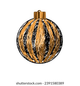 Christmas tree toy, graphic textured ball of black lines with bright gold stripes. Isolated vector object on a white background. Design element of New Year's sale banner, print, postcard, invitation
