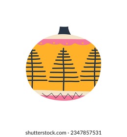 Christmas tree toy. Happy new year decoration in retro colors flat style with line art tree . Christmas sticker - holiday symbol icon. Vector illustration.