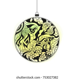 Christmas tree toy. Happy New Year. Zentangle. Watercolor stain. Hand drawn christmas ball with abstract patterns on isolation background. Design for spiritual relaxation. Line art. Xmas ball