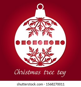 Christmas tree toy icon. White silhouette of Christmas ball with snowflakes. Vector illustration on red background for design and web.