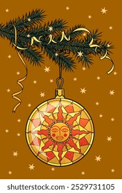 Christmas tree toy with the image of the sun on a fir branch with decoration. New Year and Christmas card. Stylized drawing under an old engraving. Vector illustration