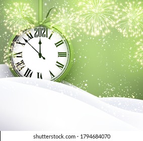 Christmas tree toy looks like green clock with ribbon showing 2021 year. Shiny fireworks and show on green background. Snowdrift. Vector holiday illustration.