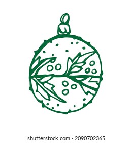 Christmas tree toy with mistletoe leaves and berries. Hand drawn vector illustration in doodle technique. Cozy element for Christmass and New Year's designs, posters, postcards.