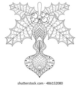 Christmas tree toy with mistletoe in zentangle style. Freehand ethnic Xmas decorative sketch for adult coloring book. Ornamental artistic vector illustration. New Year 2017 collection.