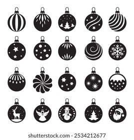 Christmas tree toy. New year holiday decoration balls. Christmas decorative element for badges, stickers, labels, patches, signs, gift cards. Isolated black silhouette. Vector