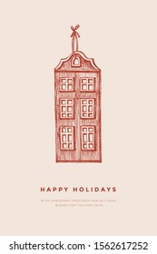 Christmas tree toy old house in retro style. Decor for the Christmas holiday. Happy New Year vacations. Vector illustration in engraving style on a light isolated background.