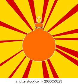 Christmas tree toy on a background of red flash explosion radial lines. The large orange symbol is located in the center of the sun, symbolizing the sunrise. Vector illustration on yellow background