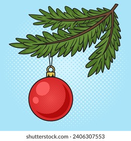 Christmas tree toy on a Christmas tree branch pinup pop art retro hand drawn vector illustration. Comic book style imitation.