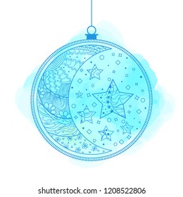 Christmas tree toy on isolated white. Happy New Year. Zentangle. Hand drawn xmas ball with abstract patterns on isolation background. Line art
