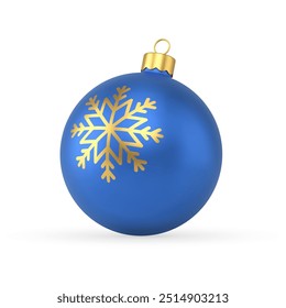 Christmas tree toy realistic vector illustration. Blue New Year ball decorated by golden snowflake and loop for hanged isolated on white. Traditional winter festive holiday decor design template