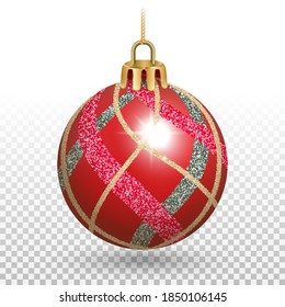 Christmas tree toy, red ball with bright glitter. 3D realistic illustration on a transparent background. Vector.
